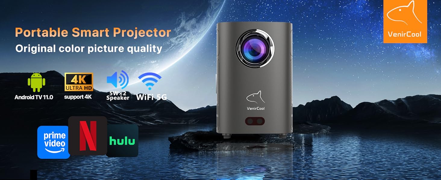 Text reads 'Portable Smart Projector'. Marketing image shows projector device with logos for Android, 4K, WiFi, Netflix, and Hulu against nighttime lake/mountain backdrop.