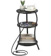 Small Round Side Table with Charging Station, 3-Tier Waist Circular End Table with Storage Shelf,...