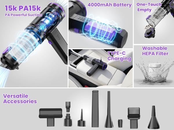 15K PA Powerful Suction,400mAh battery,one-touch empty,Type-C charging,washable HEPA filter