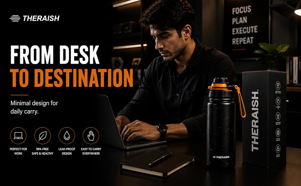 THERAISH reusable insulated water bottle with stainless steel body and premium retail gift box.