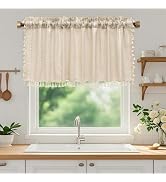 Seenus Beige Farmhouse Valance Curtain with Tassels, 52 x 18 inch Linen Textured Window Curtain f...