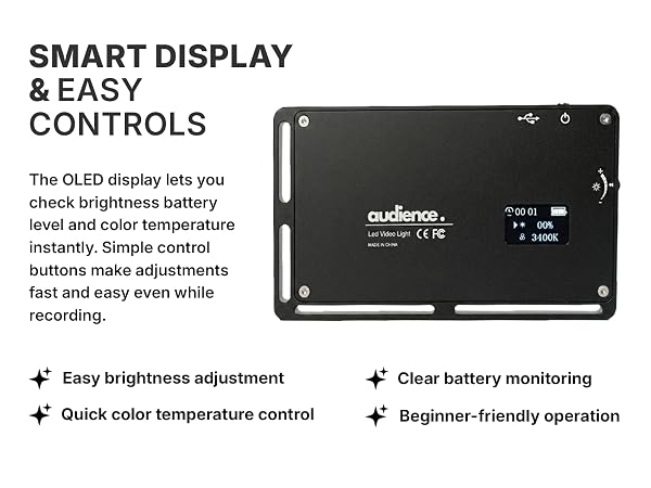 Smart OLED display adjustable brightness color temperature LED video light easy controls