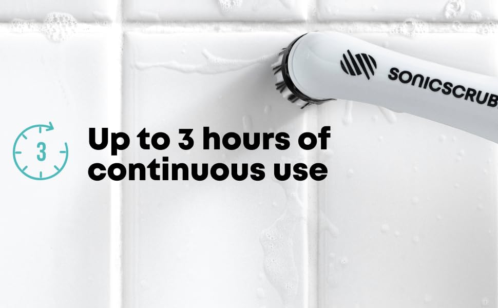 Close-up of a white, handheld electronic cleaning device pressed against tiled surface. Text indicates up to 3 hours of continuous use.