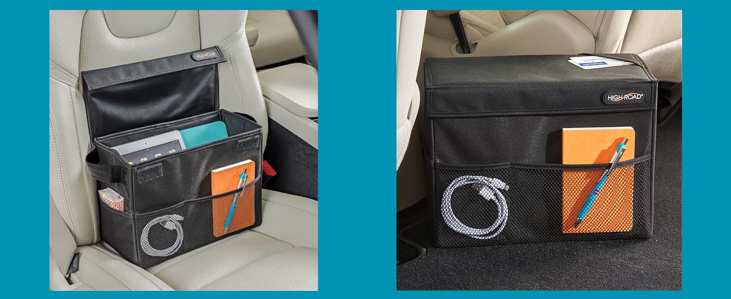 carganizer in front seat and on the floor of a car
