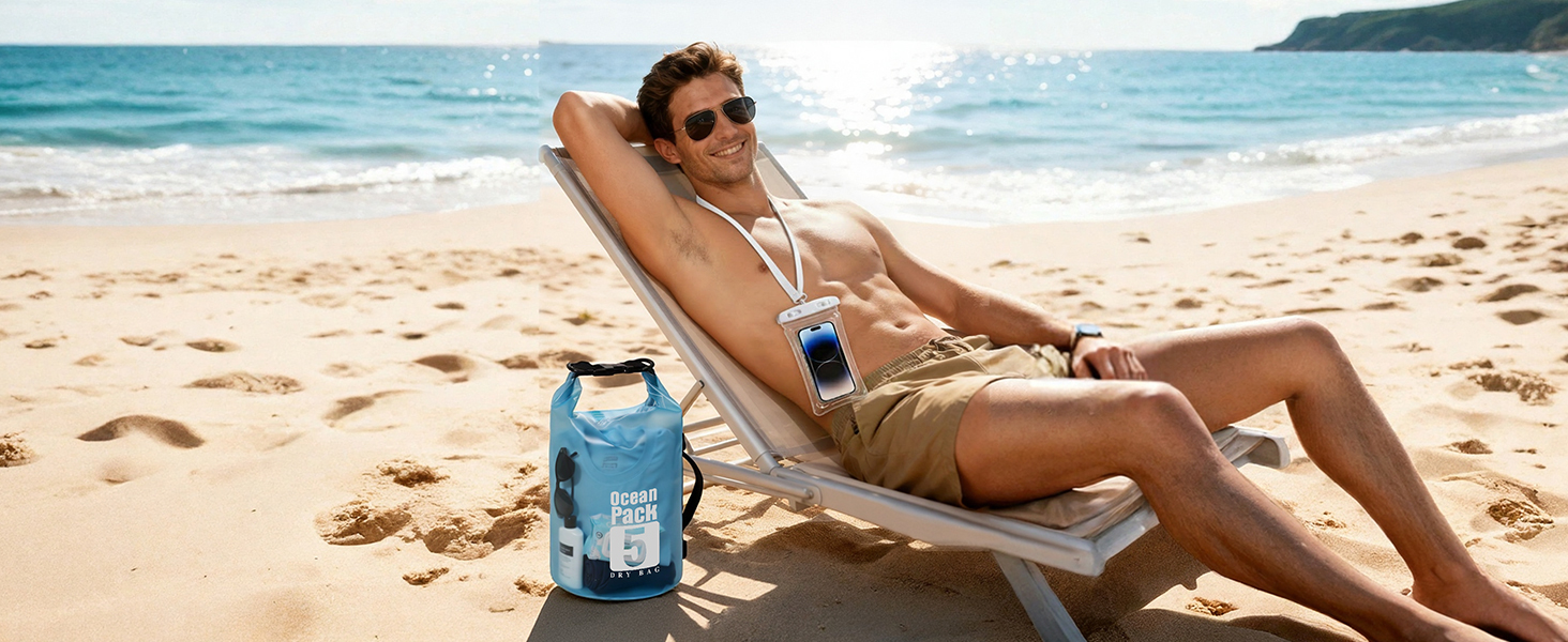 TILYMOL dry bag for beach use, helping store phones, towels, keys, snacks, and small essentials