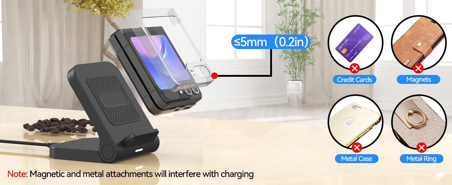 Wireless phone charger with magnetic attachment feature. Main image shows charger with phone, four smaller images display credit card, leather case, metal disc, and ring attachments. Text warns of charging interference.