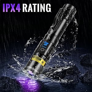 Black waterproof flashlight with IPX4 rating, digital display, emitting purple light. Shown splashing through water, highlighting its water-resistant capabilities.