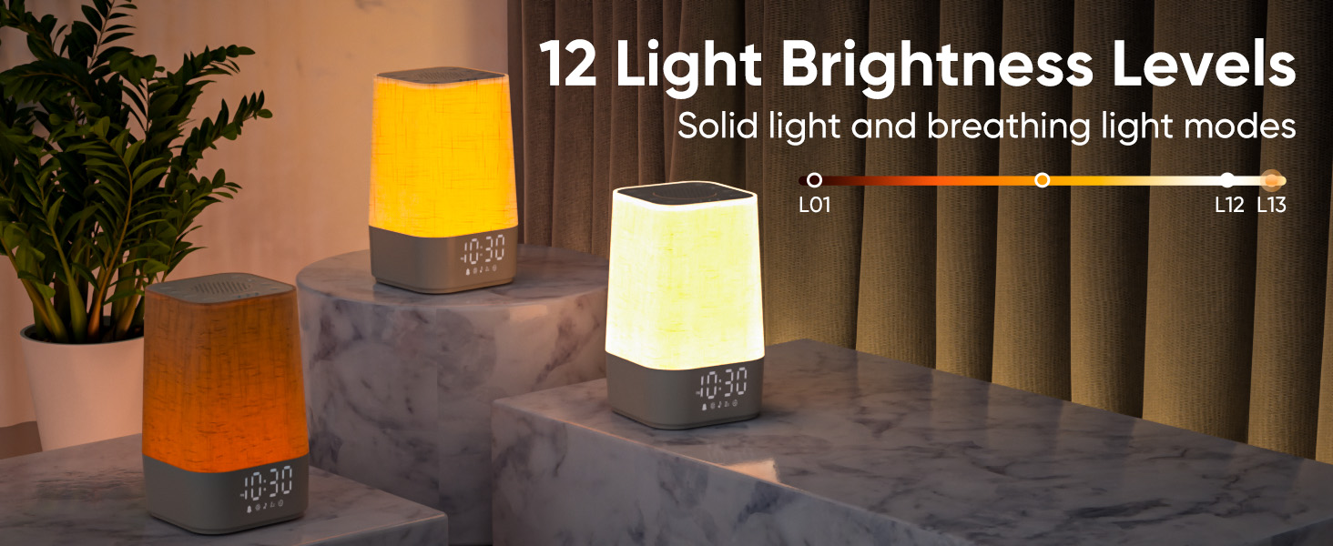 night light features 12 level brightness and 2 modes including solid light and breathing light