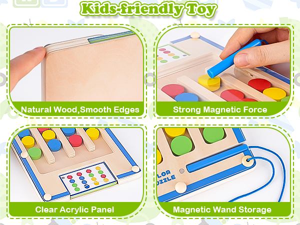 Wooden educational toy with magnetic shapes, acrylic panel, and wand. Features natural wood edges, strong magnets, and storage for the magnetic wand.