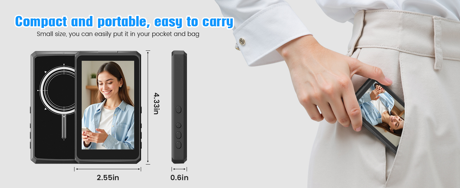 Text reads 'Compact and portable, easy to carry'. Product demonstration images showing electronic device usage in multiple scenarios.