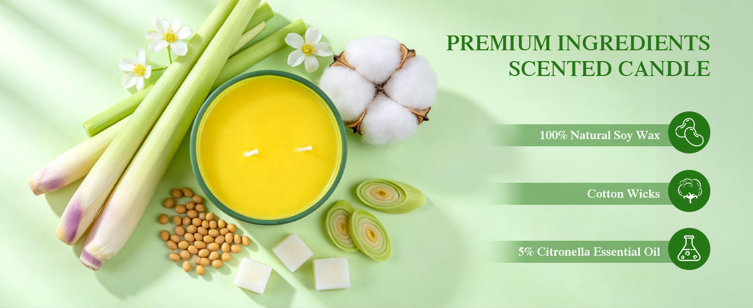 Premium ingredients scented candle. Made of soy wax, cotton wicks and 5% citronella essential oil.
