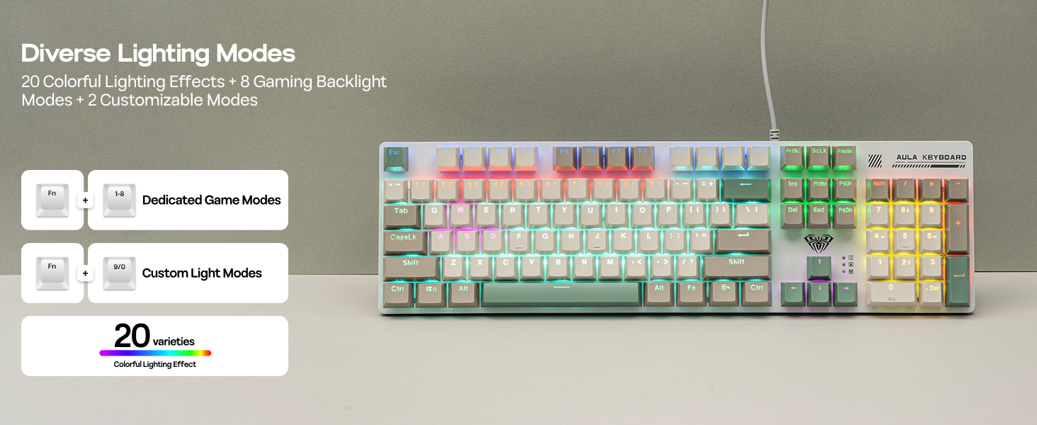 Text reads 'Diverse Lighting Modes'. Mechanical keyboard with RGB backlit keys, showing different color schemes and lighting patterns across multiple frames.