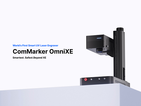 Text reads 'ComMarker OmniXE'. Professional-looking black mounting or scanning device with sleek design shown from different angles.