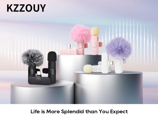kzzouy wireless lavalier microphone pink black white purple lapel microphone wireless with fluff