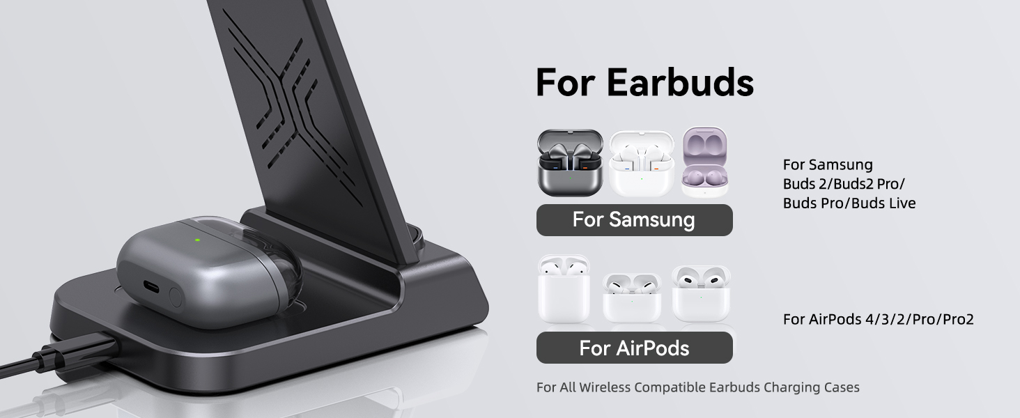 Text reads 'For Earbuds' and 'For Airpods'. Product showcase of black protective cases or holders for wireless earbuds, showing multiple angles and features.