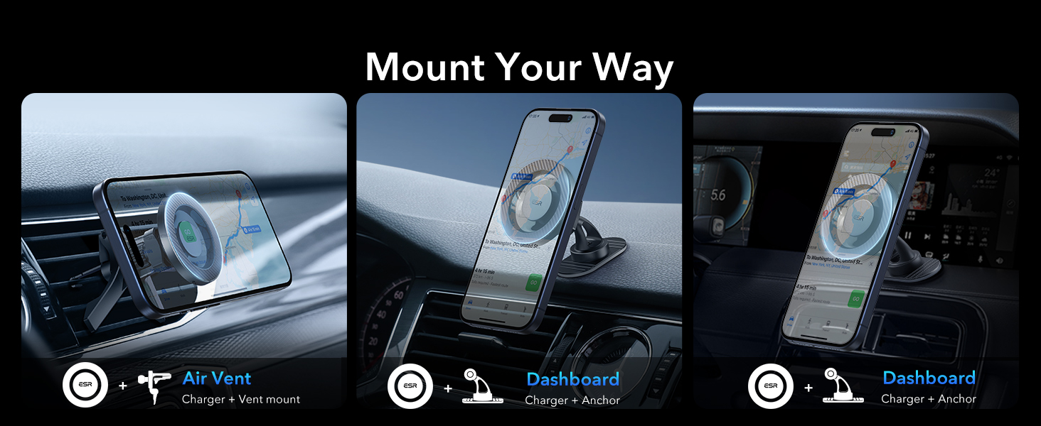 Three views of a car phone mount installation options: air vent and dashboard mounting positions, shown with smartphone display in each position.