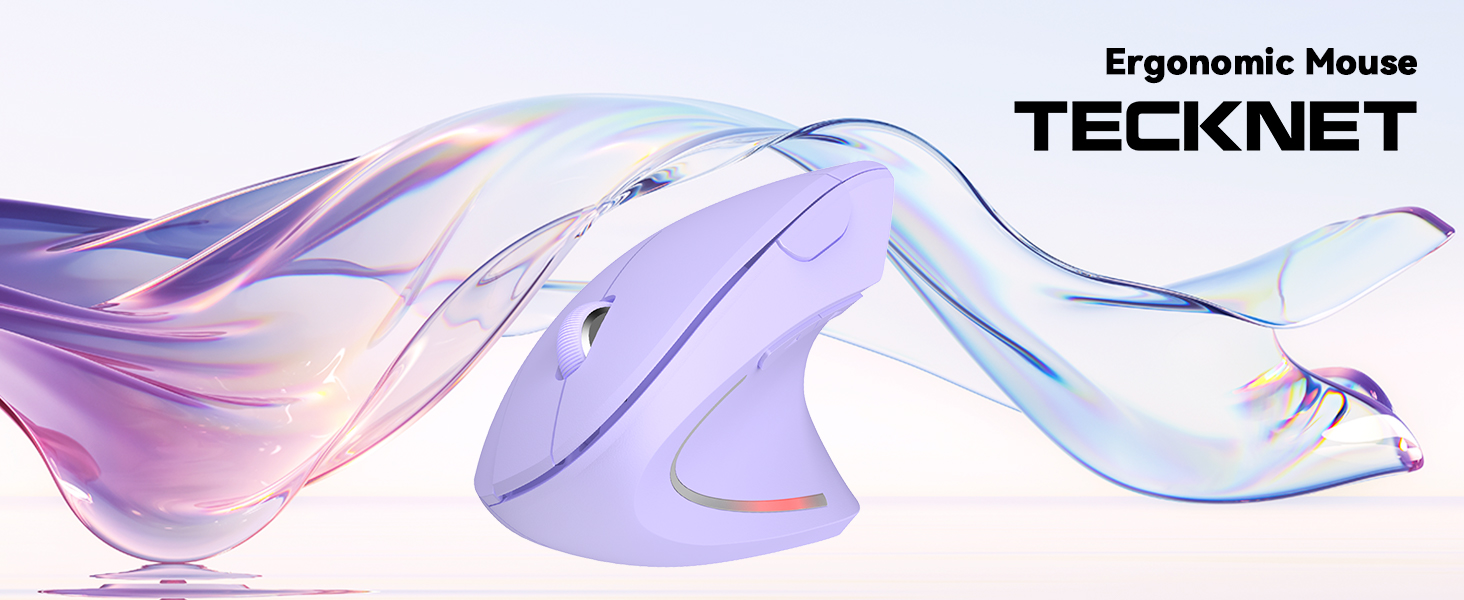 Tecknet ergonomic mouse concept. Flowing, translucent design in purple and blue hues, emphasizing curved shape for comfort.