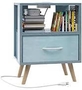 Aenuert Night Stand with Charging Station, Blue Kids Nightstand with Drawer, 2-Tier Nursery Bedsi...