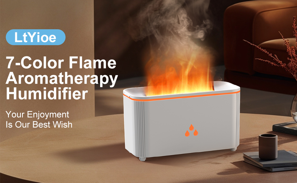Text reads: 'LVL ion' '7-Color Flame Aromatherapy Humidifier'. White rectangular device with orange flame effect visible against dark background.