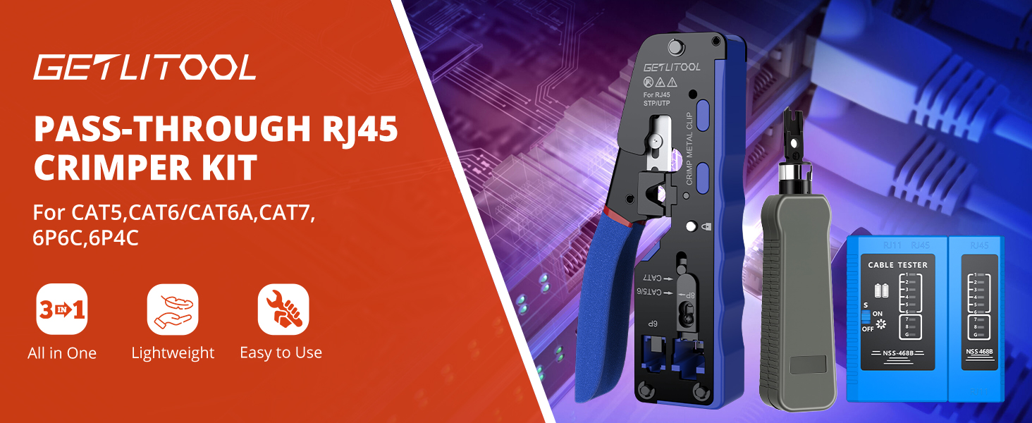 Text reads 'GETTITOOL' and 'CRIMPER KIT'. Product images show blue electronic tool kit components with technical specifications and usage illustrations.