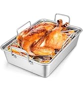 LIANYU 16 Inch Roasting Pan, Large Turkey Roaster with V-Shaped Rack and Baking Rack, Heavy Duty ...