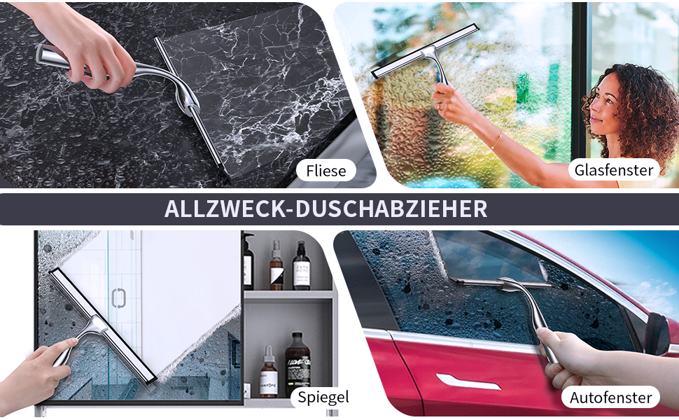 Multi-purpose squeegee tool shown cleaning various surfaces: tiles, glass windows, mirrors, and car windows. German text indicates multiple uses.