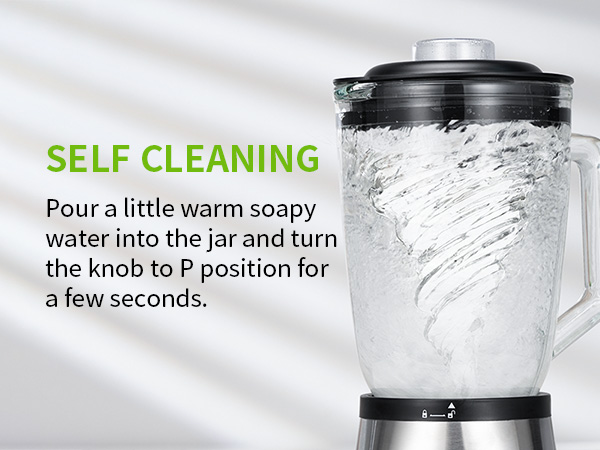 Blender with glass jar filled with soapy water. Text explains self-cleaning feature: pour warm soapy water and turn knob to P position.