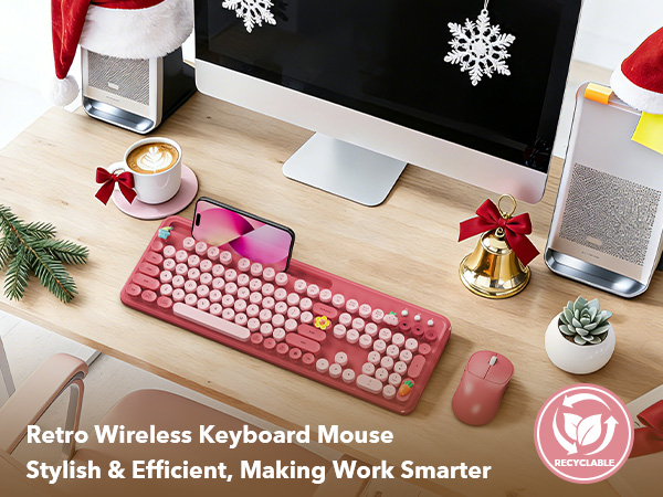 Cute Pink Retro Round Keycaps Wireless Keyboard and Mouse Christmas