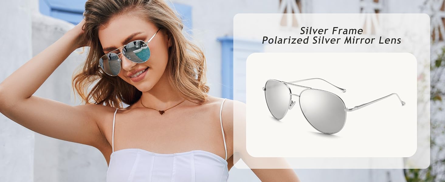 A stylish and elegant lady wearing silver mirror lens aviator sunglasses