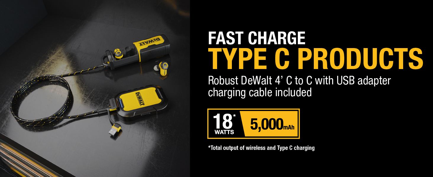 Fast Charge Type C Products Robust DeWalt 4&amp;#39; Cto C with USB adapter cahrging cable included
