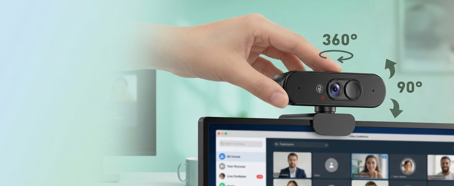 Text reads '360°' and '90°'. Hand adjusting a webcam or camera mounted on top of a computer monitor showing a video conference interface.