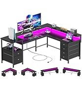 Furologee 66" Reversible L Shaped Gaming Desk with 6 Drawers &amp; Printer Storage Shelves, Corner Co...