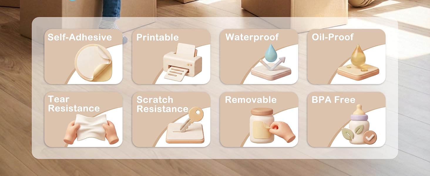 Product features icons showing: 'Self-Adhesive', 'Printable', 'Waterproof', 'Oil-Proof', 'Fast', 'Scratch Resistance', 'Removable', 'BPA Free' with demonstration illustrations.