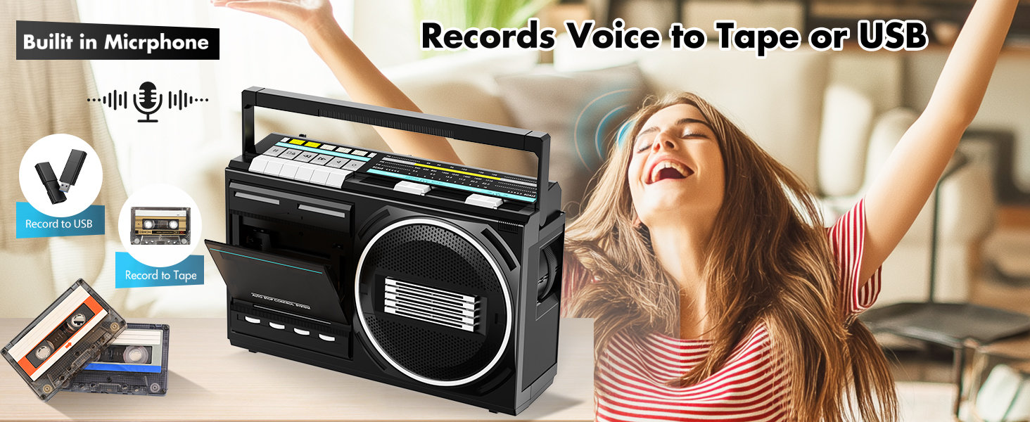 Cassette player and recorder with built in microphone