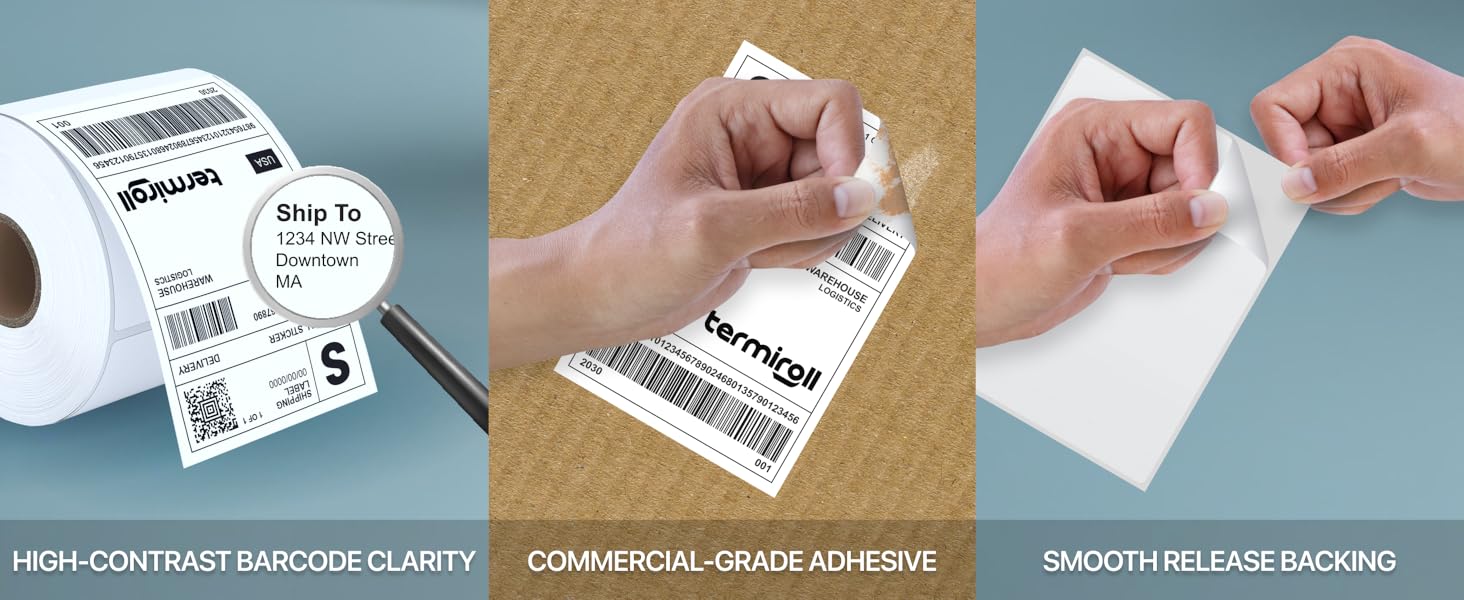 Termiroll Labels are CRYSTAL CLEAR PRINT QUALITY, ultra-strong adhesive, easy to PEeL off