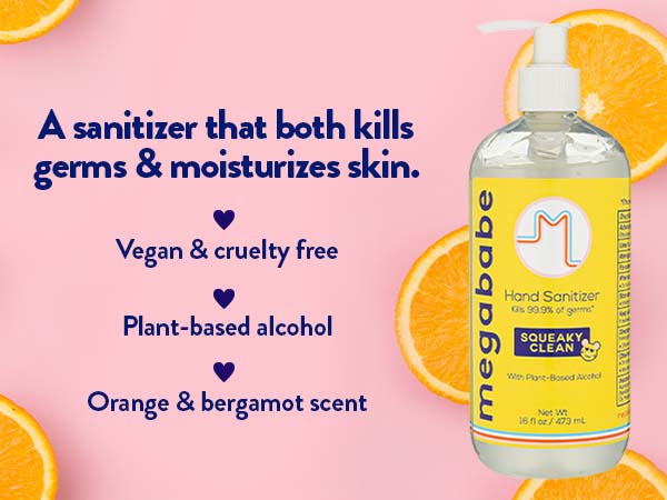 16 oz hand sanitizer on pink background with oranges.