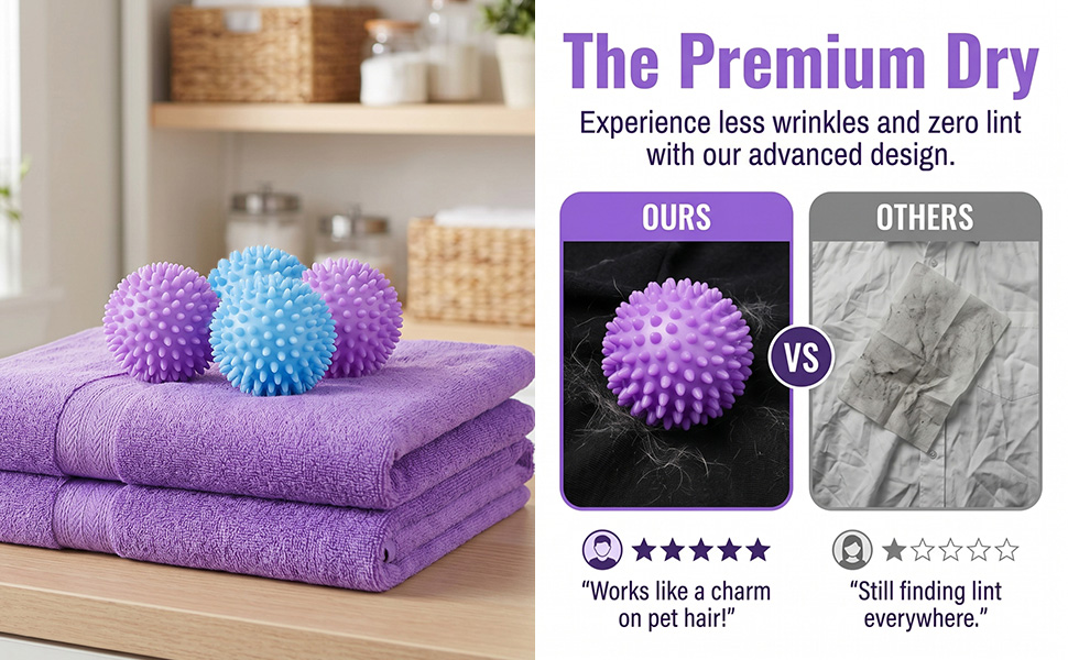 Dryer balls reduce wrinkles, remove lint, and prevent static cling—delivering superior results.