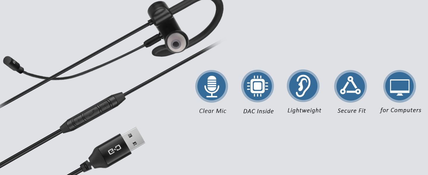 Single-Sided USB Earbud with Boom Mic for Computers_EBM-U_USB_Main