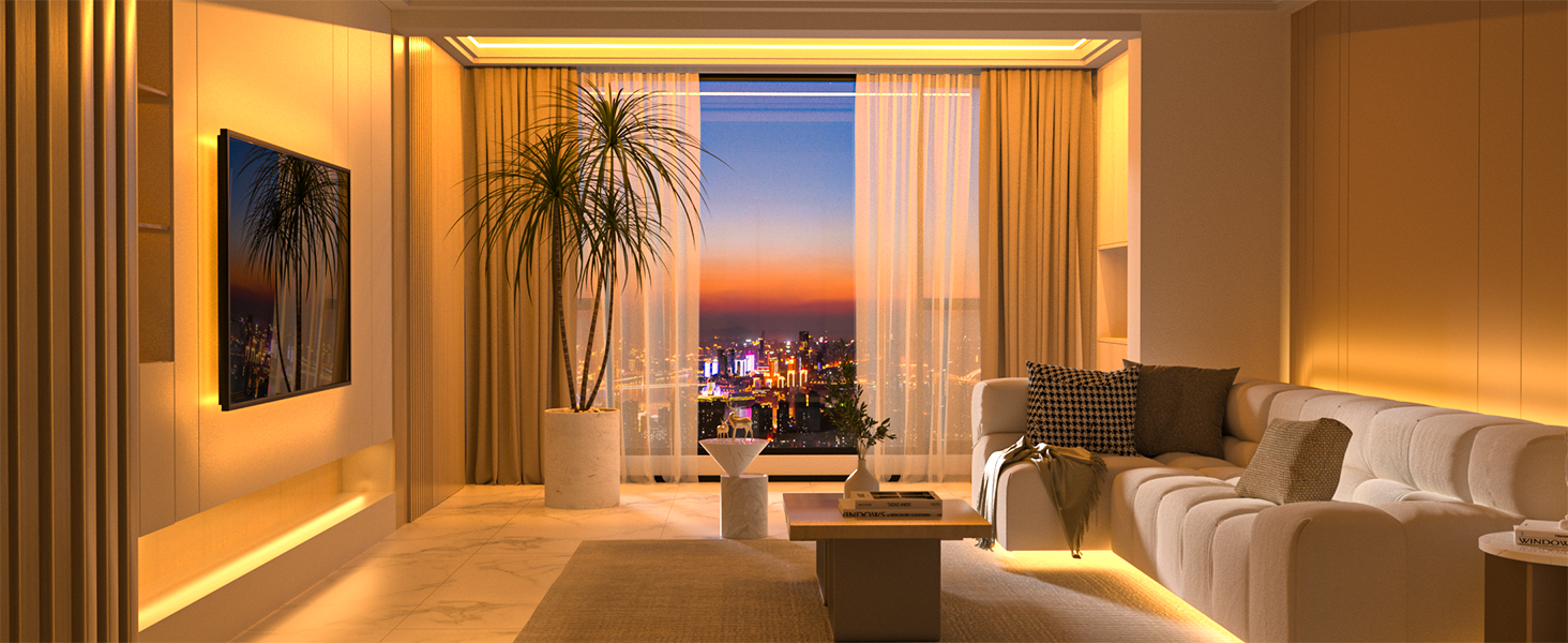 Luxury living room with ambient lighting, floor-to-ceiling windows showing sunset cityscape, beige sectional sofa, and decorative palm plant.