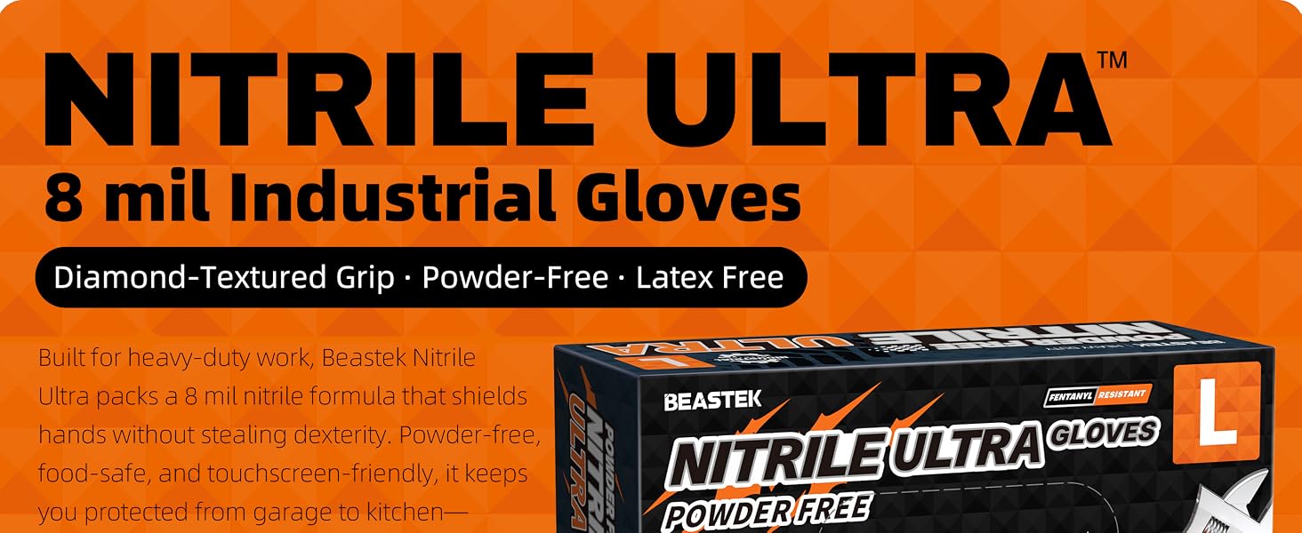 Beastek 8 mil nitrile gloves ultra industrial orange diamond textured grip powder free latex free
