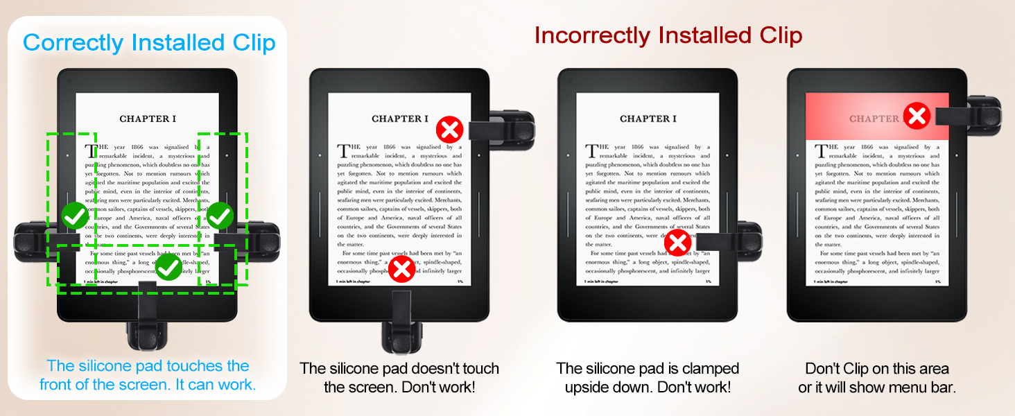 Text: 'Correctly Installed Clip' vs 'Incorrectly Installed Clip'. Instructional diagram showing proper e-reader clip installation with green checkmarks for correct positioning and red X's for incorrect positioning.