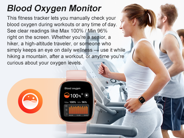 Blood oxygen on fitness tracker: manual check, Max 100% Min 96%. For seniors, hikers, travel.
