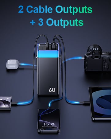 Electronic device with multiple cable outputs shown against dark background, featuring blue illuminated connections and '60' display.