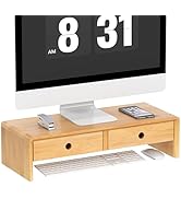 Ufine Bamboo Monitor Stand with 2 Drawers Desktop Organizer Computer Screen Laptop Riser Ergonomi...