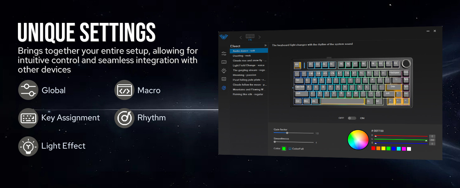 Gaming keyboard customization interface showing RGB lighting controls and multiple settings options including Global, Macro, Key Assignment, Rhythm, and Light Effect features.