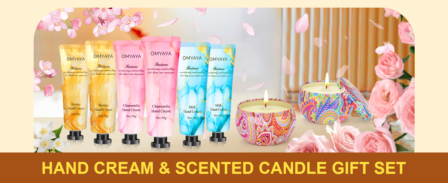 Text reads 'HAND CREAM &amp; SCENTED CANDLE GIFT SET'. Display of colorful gift packages featuring hand creams and candles in pastel pink, yellow, and blue packaging.