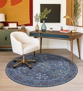 Washable 4ft Dark Blue Boho Rugs for Living Room, Non Slip Stain Resistant Floral Round Kitchen R...