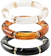 GOOJIDS Simple Beaded Gold Bangles Bracelet Chunky Bamboo Tube Curved Stacking Clear Acrylic Colo...
