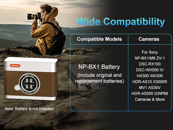 Text reads 'Wide Compatibility', 'Compatible Models', 'Cameras'. Technical compatibility chart showing various device models and specifications.
