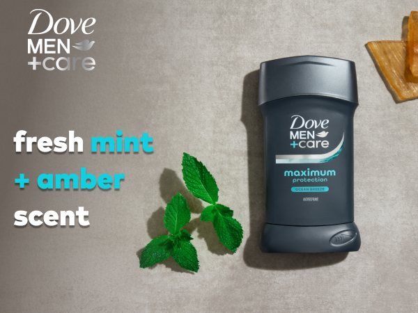 Dove Men+Care logo above text next to deo stick &amp;amp; visual scent representations of mint &amp;amp; amber.